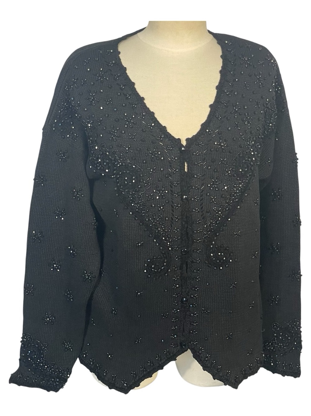 Maggie Lawrence  Vintage Ramie Cotton Black Beaded Cardigan Sweater Sz M